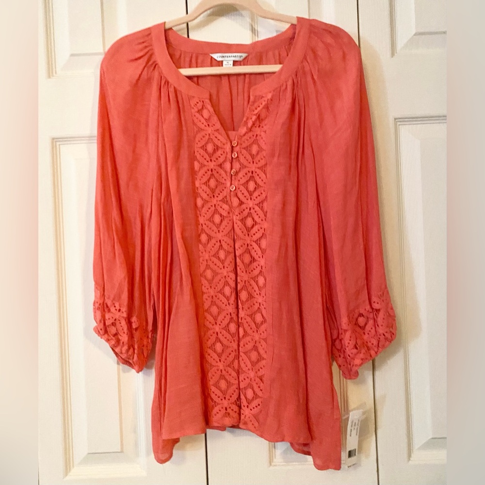 NWT Counterparts rich Coral 3/4 Sleeve Blouse